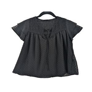 Zara Flare Blouse S Black Draped Loose Fit Tie Front Smocked Pleated Flounce Top